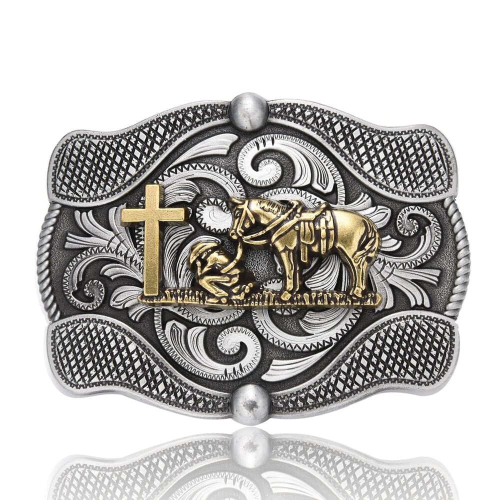 7201 Celtic Cross Horse Horseman Western Belt Buckle , Religious Floral